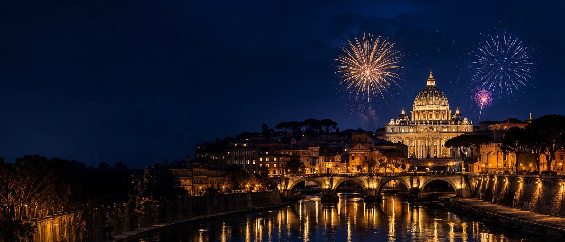 Capodanno Roma 2027 – skyline notturno con fuochi Skyline notturno di Roma con fuochi d'artificio per Capodanno 2027
